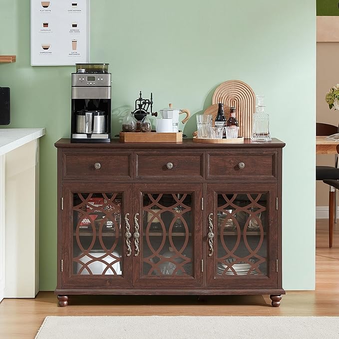 Farmhouse Sideboard Buffet Cabinet with Storage,48" Large Credenza with 3 Glass Doors & 3 Drawers,Adjustable Shelves Console Table,Wood Kitchen Coffee Bar for Dining Room,Living Room,Walnut
