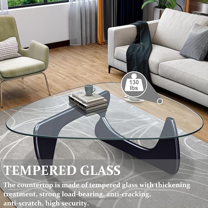 35.8" Modern Coffee Table, Triangle Tempered Glass & Sturdy Solid Legs, Mesa de Centro para Sala for Living Room Home Office