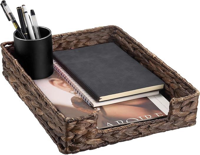PINXIURY Water Hyacinth Letter Tray for A4 File Desk Mail Letter-Size Paper, Basket Woven Organizer, Magazine Files Storage, Office Document Organizer and Storage, Coffee