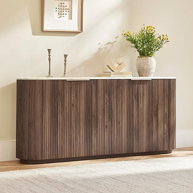 CHITA 70" Sideboard Buffet Cabinet with Storage, Living Room Accent Cabinet with Doors and Adjustable Shelves, for Bar, Kitchen, Walnut - Faux Marble