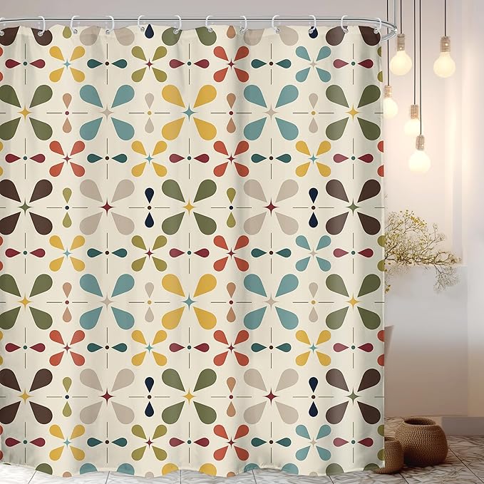 LGhtyro Boho Mid Century Shower Curtain Bathroom Set 71Wx84H Inches Extra Long Abstract Modern Colourful Vintage Bohemian Geometric Bath Accessories Water Drop Art Home Decor Fabric 12 Pack Hooks