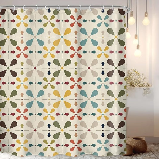 LGhtyro Boho Mid Century Shower Curtain Bathroom Set 71Wx84H Inches Extra Long Abstract Modern Colourful Vintage Bohemian Geometric Bath Accessories Water Drop Art Home Decor Fabric 12 Pack Hooks