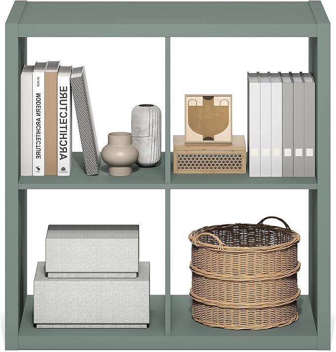 Furinno Cubicle Book Shelf, 4-Cube Bookshelf, Extra Thick Frame Reversible Bookcase with Open Back, 14.6" x 30" x 30", for Living Room, Bedroom, Home Office, Sage Green
