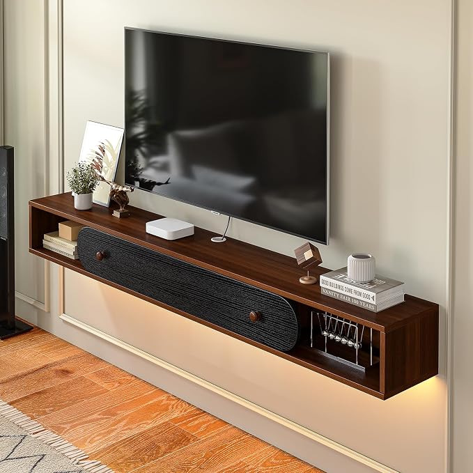 Furninova Floating TV Stand,Wall Mounted Entertainment Center for 75+ Inch TV,Plywood Floating Media Console with 1 Flip Down Door & Cable Management,Modern Space Saving TV Shelf,70'' (Walnut & Black)