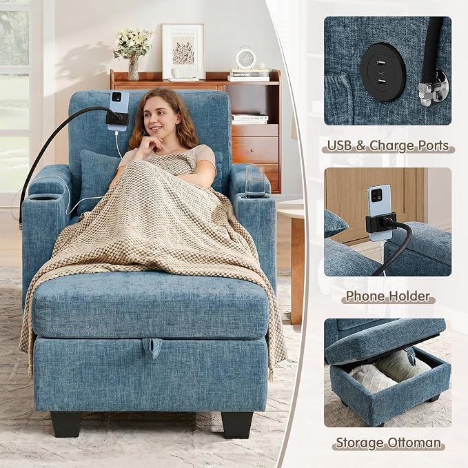 Small Chaise Lounge Chair Indoor with Ottoman&Adjustable Backrest,Chenille Tufted Recliner Comfy Sofa Chair with USB,Phone Holder&Storage Arms,Convertible Sleeper Couch Bed for Living Room(37"W,Blue)