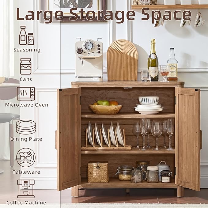 Sideboard Buffet Cabinet with Storage, 31.5" Arc-Shaped Credenza with 2 Doors & Adjustable Shelves, Mid Century Modern Coffee Bar Cabinet for Kitchen, Living Room, Entryway, Darkwood