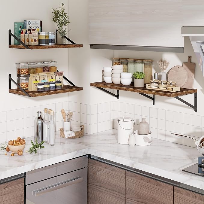 Deep Wall Shelves 36"W x 12"D Engineered Wood Floating Shelves for Wall, Sturdy Metal Bracket Bookshelves Home Decor Storage for Living Room Bedroom Bathroom Kitchen, Set of 2, Rustic Brown Finish
