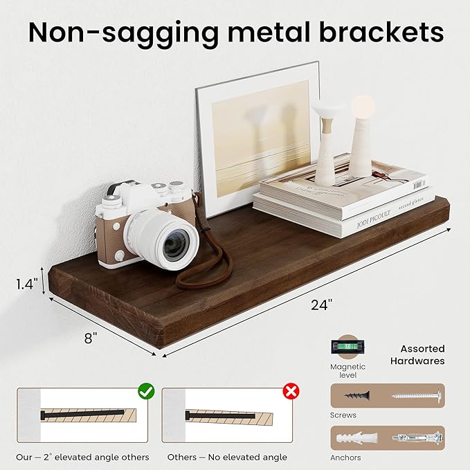 Axeman 24Inch Natural Wood Floating Shelves for Wall|Rustic Wooden Shelves for Bedroom Kitchen Bathroom|Storage Shelf with Invisible Bracket for Wall Mounted|Set of 2|Walnut Color