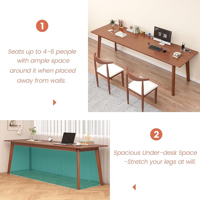 Solid Wood Desk with Large Desktop - 70.9" Mid Century Modern Executive Desks, Farmhouse Home Office Computer Desks for Two People, Writing Study Table | 2 Person Desk for Any Room-Walnut