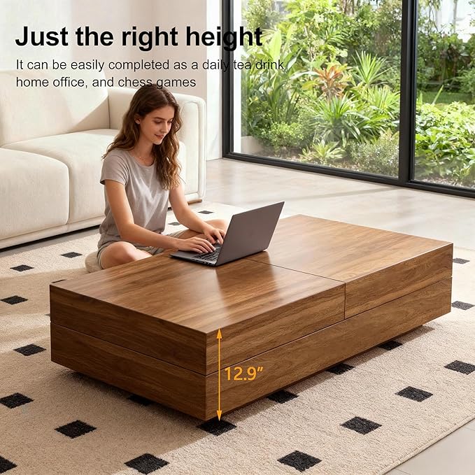 Mid-Century Modern Farmhouse 47.2-81.8" Expandable Coffee Table，Adjustable Center Table with Large Storage for Living Room, Walnut