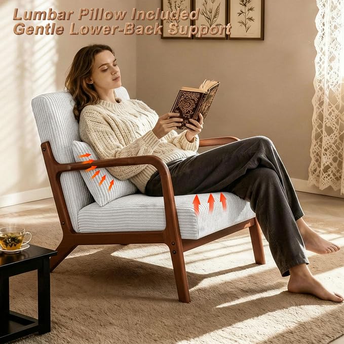 Set of 2 Mid Century Modern Accent Chair with Solid Rubberwood Frame, Comfy Corduroy Reading Armchair with Lumbar Pillow, Compact Lounge Chair for Bedroom, Living Room & Small Spaces