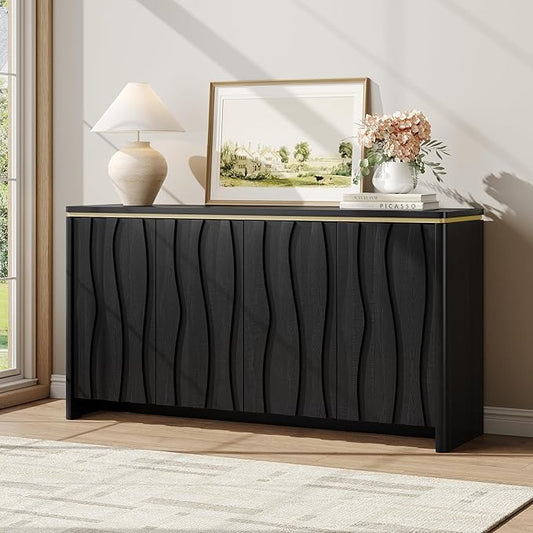 Vabches Fluted Buffet Cabinet with Storage, 3D Ripple Pattern Doors and Curved Edges, Modern Sideboard for Kitchen, Entryway, 4 Doors & Adjustable Shelf, Black, 57.9" W
