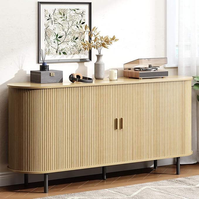 Buffet Cabinet with Storage, Fluted Sideboard Buffet with Sliding Door, Coffee Bar Cabinet with Adjustable Shelf, Console Table, Accent Table for Entryway, Kitchen (Oak, 63 Inch)