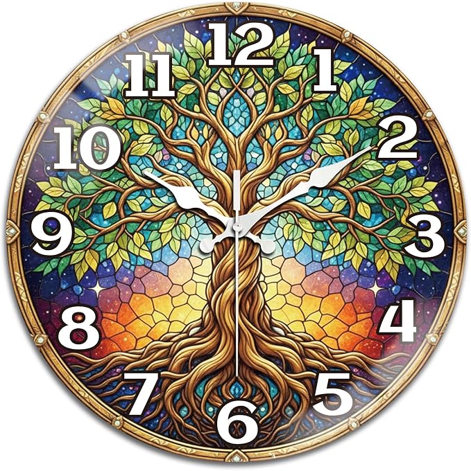 peacoblue Wall Clocks Battery Operated 12 Inch Tree Glass Round Wall Clock Non Ticking for Kitchen Living Room Dining Room Bedroom and Bathroom Decor Accessories (Battery not Included)
