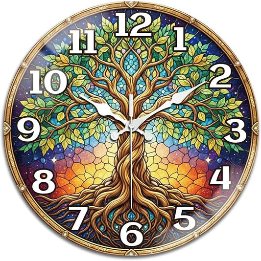 peacoblue Wall Clocks Battery Operated 12 Inch Tree Glass Round Wall Clock Non Ticking for Kitchen Living Room Dining Room Bedroom and Bathroom Decor Accessories (Battery not Included)