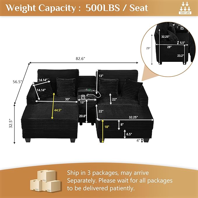 Oversized Chaise Lounge Chair Indoor with Storage & USB, Cup Holder & Ottoman, Firm Solid Wood Frame with Long Service Life Corduroy Oversized Lounge Reading Chair for Large Study Room - Jet Black