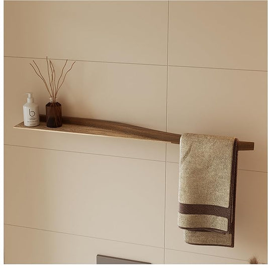 Towel Holder with Shelf, Wall Mounted Floating Handtowel Drying Rack Modern Style, Horizontal Bathroom Organizer (Walnut)