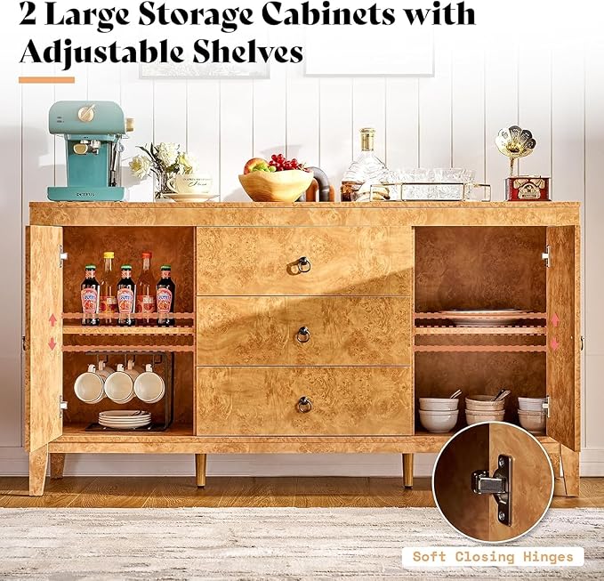 AMERLIFE 60" High Gloss Burl Buffet Sideboard Storage Cabinet, Large Wood Sideboard with Drawers, Retro Handles, Heavy Duty Coffee Wine Bar Buffet Table for Dining Room, Living Room, Yellow