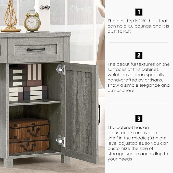 Farmhouse 61'' Executive Desk with 5 Drawers, Rustic Office Desk Computer Desk with Charging Station, File Drawers and Storage Cabinet, Wood Workstation for Home Office and Study, Gray