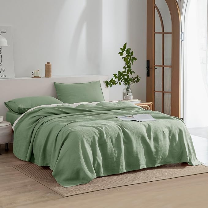 EVERLY Linen Sheets Set California King Size,100% French Stonewash Linen Sheets Set,4Pieces (1Flat Sheet,1Fitted Sheet,2Pillowcase) Suitable for Hot Sleepers Deep Pocket Natural Bedding Set-Saga Green