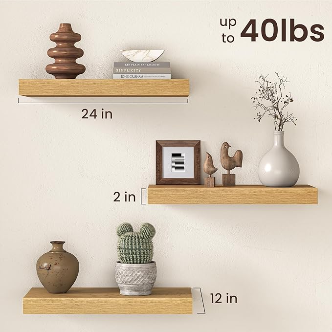 Fun Memories 12 Inch Deep Oak Floating Shelf, 24 x 12 Rustic Wood Wall Shelf for Books, 2" Thick Deep Floating Shelf for Storage & Display in Kitchen, Living Room, Bedroom, 2 Packs