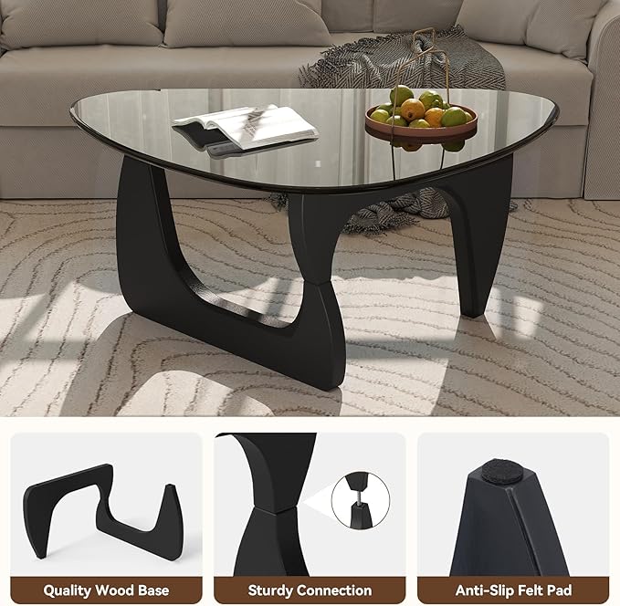 Modern Glass Coffee Table, Triangle Center Table with Tempered Glass Top& Unique Wooden Base, 42.5” Mid Century Tea Tables for Living Room, Apartment, Office,Black & Grey