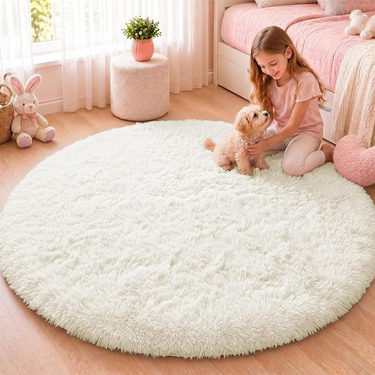 OLANLY Ivory Round Rugs for Bedroom - Machine Washable, 5 ft Circle Area Rugs for Living Room, Soft and Fluffy Shaggy Carpet for Teen Girls and Boys, Nursery Rooms, Dorms, Home Decor Aesthetic