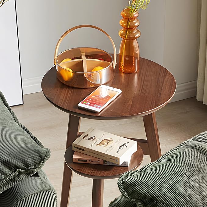 Side Table, Small Round End Table with 2-Tier Shelf, Solid Wood Nightstand for Small Spaces, Mid Century Modern Accent Table for Living Room Bedroom, Walnut