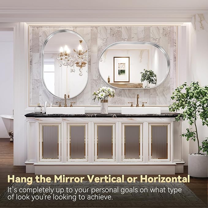 Brightify Silver Oval Mirror for Bathroom 30x42 Inch, Matte Silver Vanity Mirrors Metal Frame, Wall Mounted Mirror for Bedroom Dress Room Wall Decorative Hang Vertical and Horizontal