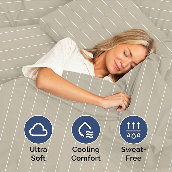 Hotel Luxury Durable Bed Sheets - Full Size 4 Piece Sheet Set - Extra Soft, Breathable & Cooling - Deep Pockets, Easy-Fit & Wrinkle-Free - Beige Stripes Oeko-Tex