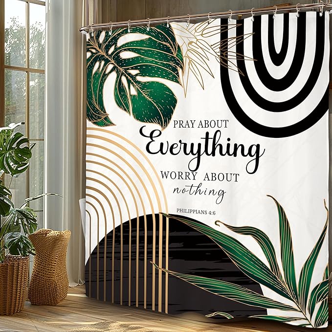 Miyotaa Abstract Minimalist Bible Shower Curtain Set 60Wx71H Inches Emerald Green Aesthetic Modern Quotes Inspirational Motivational Plant Leaves Waterproof Bathroom Curtain with 12 Hooks