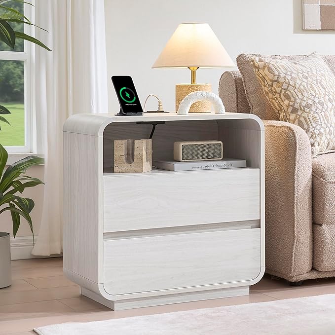 White Nightstand with Charging Station, 25" Tall Wood Bedside Table, Modern End Table with 2 Storage Drawers, Curved Profile, Mid Century Night Stand for Bedroom, Dorm, Sofa, Office