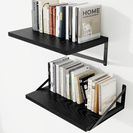 Deep Wall Shelves 16"W x 12"D Engineered Wood Floating Shelves for Wall, Sturdy Metal Bracket Bookshelves Home Decor Storage for Living Room Bedroom Bathroom Kitchen, Set of 2, Black Finish