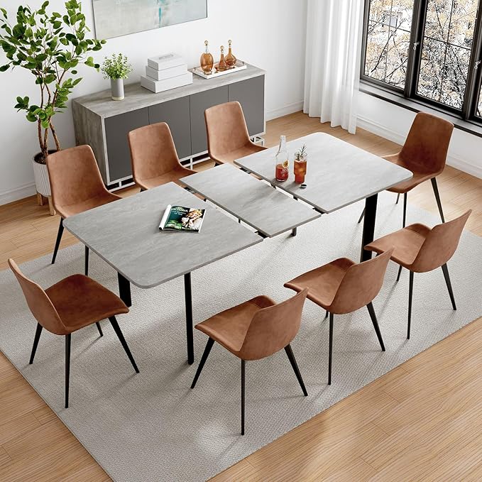 63"- 78.7" Extendable Dining Table Set for 8, Modern Kitchen Table with 8 PU Leather Chairs, Thickened Expandable MDF Wooden Table with Metal Legs for Dining Room, Kitchen, Office