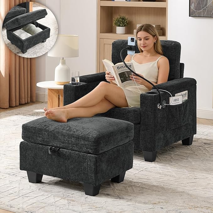 Oversized Chaise Lounge Chair Indoor, Single Convertible Recliner Reading Arm Sofa Chair W/Adjustable Backrest & Charging Port Couch Bed for Living Room, Home Theater & Bedroom, Black