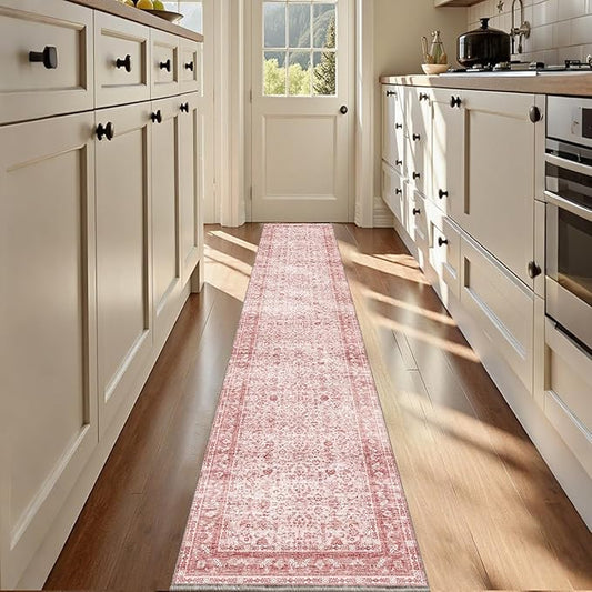 OPPODREAM Vintage Pink 2x12 Runner Rug, 2 x 12 Retro Washable Rug Non Slip, Low-Pile Faux Wool Carpet, Distressed Floor Mat for Kitchen, Hallway, Entry-Way, Entrance, Indoor Back Door
