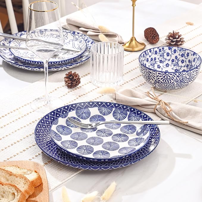 Selamica Ceramic Plates and Bowls Sets,18 Pieces Retro Floral Dinnerware Sets for 6,Dishwasher & Microwave Safe dish set,Family & Holiday Dining, Vintage Blue