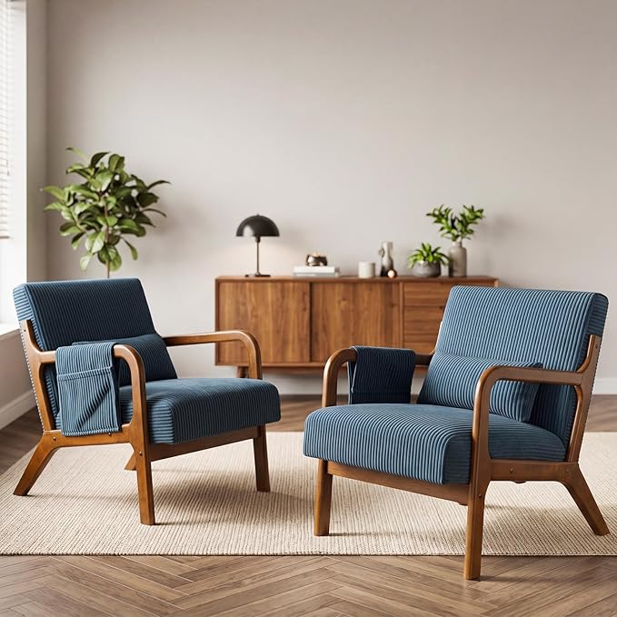 DUMOS Accent Chairs Set of 2, Mid Century Modern Accent Chair with Lumbar Pillow and Solid Wood Frame, Upholstered Armchair Reading Chair for Living Room, Bedroom, Navy Blue