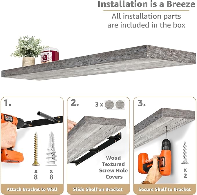Sorbus Floating Shelves for Wall - 48 Inch Long Bathroom Shelves, Wall Decor for Bedroom, Kitchen, Living Room & Book Storage - Mounted Floating Shelf with Invisible Brackets (Gray, 2 Pack)
