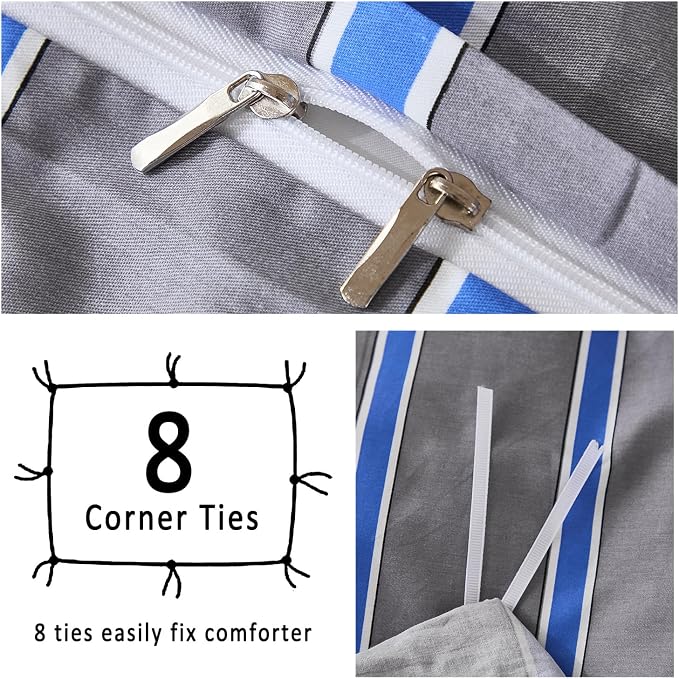 Merryword Blue and Gray Striped Duvet Cover Set Queen Size 100% Cotton Bedding Set with Modern Coastal Style Soft Breathable Linen Like Bedding Set 3 Pieces