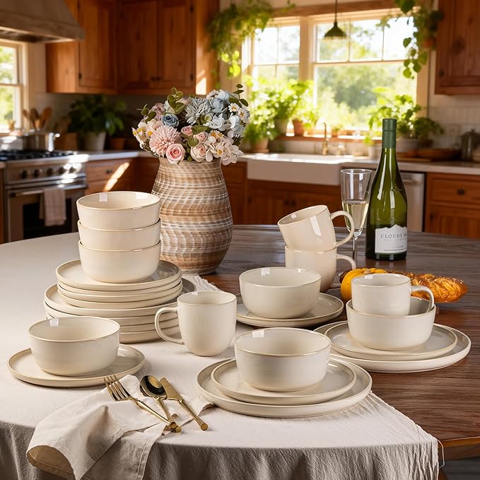 GBHOME Ceramic Dinnerware Sets for 4, 12 Pieces Stoneware Plates and Bowls Sets, Scratch Resistant Dishes, Dishwasher & Microwave Safe, Reactive Glaze-Vanilla color