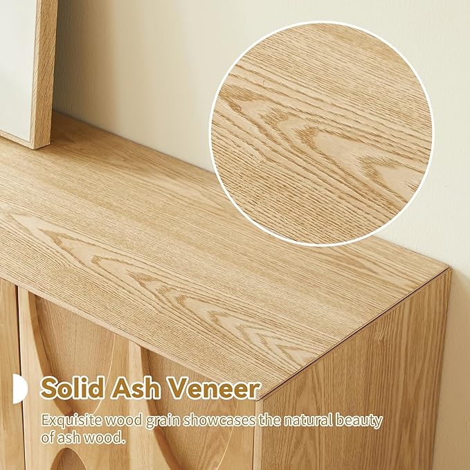 LKTART 62.99" Sideboard Buffet Cabinet with Storage, Solid Wood Kitchen Storage Cabinet Credenza Accent Console Table with Solid Wood Roman Legs Dovetail Door Trim Panel Ash Veneer,Natural Oak