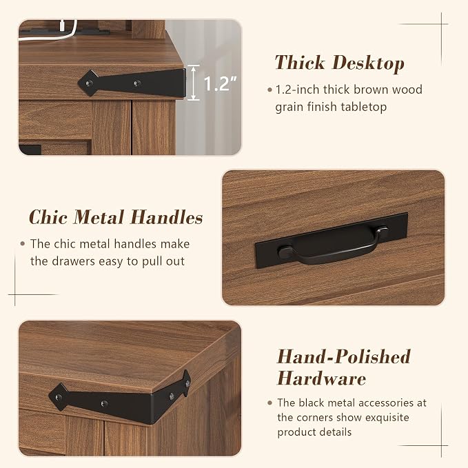 YOMILUVE Farmhouse Executive Desk with Drawers, 47" Computer Desk with Power Outlets, Home Office Desk with Monitor Stand & 4 Drawers, Small Desk Writing Study Table, Brown