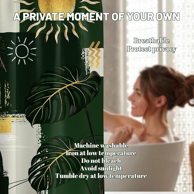 Green and Gold Mid Century Modern Shower Curtain Bohemian Abstract Shower Curtains for Bathroom Decor Sets, Waterproof Cloth Fabric with Hooks, 70x72 Inch