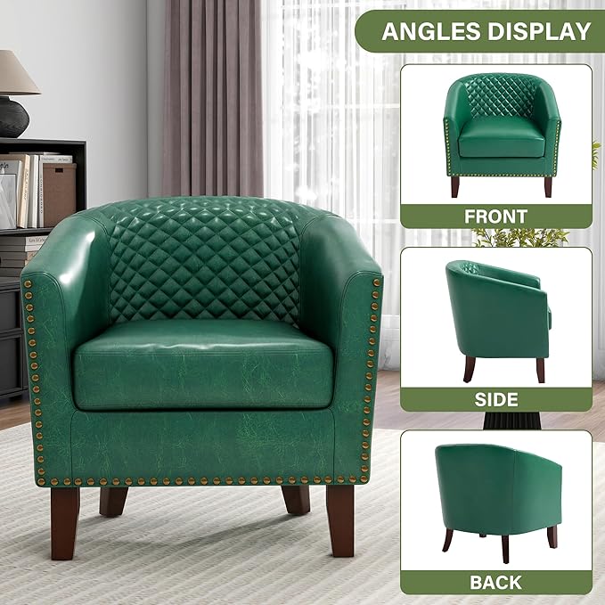 UIXE Faux Leather Barrel Accent Chairs Set of 4, Modern Club Upholstered Arm Chair, Comfy Armchair Nailed Trim Living Room Single Sofa Reading Seat Bedroom Side Sitting for Office, Green