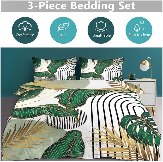 Boho Bedding Set,Modern Abstract Tropical Monstera Palm Leaf Plant Minimalist Spring Summer Bohemian Mid Century Comforter Set with Pillowcase for Bedroom Bed Decor,Full 79"x90"