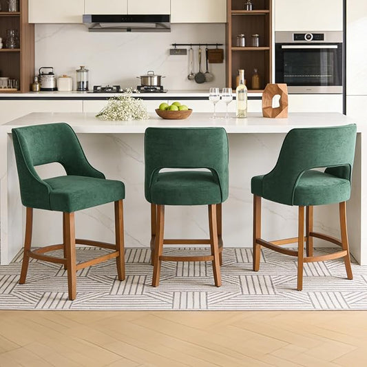 ClinQ Bar Stools Set of 3, 26" H Counter Height Bar Stools with Backs, Modern Upholstered Accent Barstools with Curved Footrest for Kitchen Island, Dining Room and Bar, Green-Walnut Legs