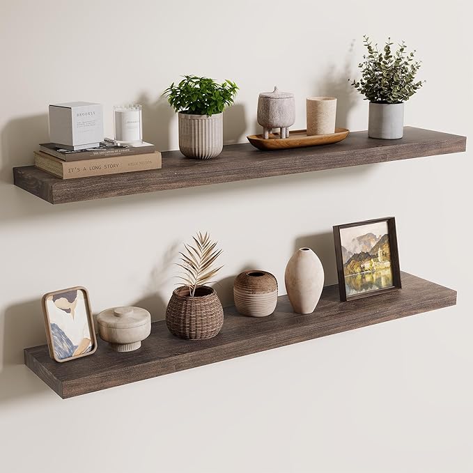 Axeman Floating Shelves for Wall - 40''W x 8'' D Rustic Solid Elm Wood Shelves for Storage, Wall Mounted Display Shelving with Invisible Heavy-Duty Metal Bracket (Walnut, 2PCs)