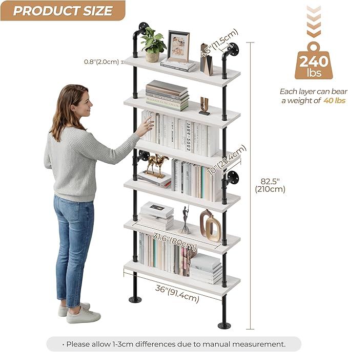 6 Tier Industrial Ladder Shelf Bookcase, Wall Mounted Rustic Bookshelf for Living Room Decor and Storage (White, 6 Tier - 10" D x 36" W x 82.5" H)