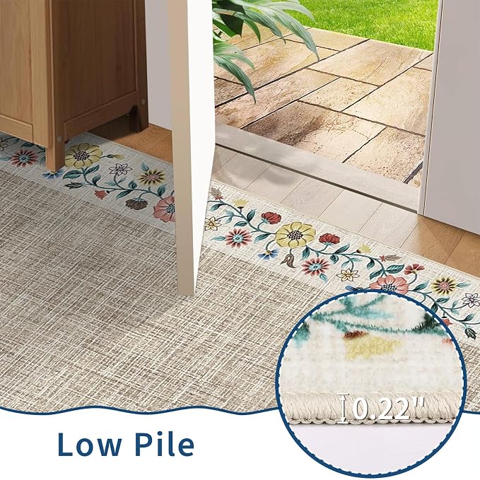 GarveeHome 10x13 Machine Washable Rugs for Living Room Large Area Rug Modern Floral Indoor Accent Carpet Low Pile Carpet Soft Throw Aesthetic Floor Cover for Bedroom Laundry Dining Room, Light Camel